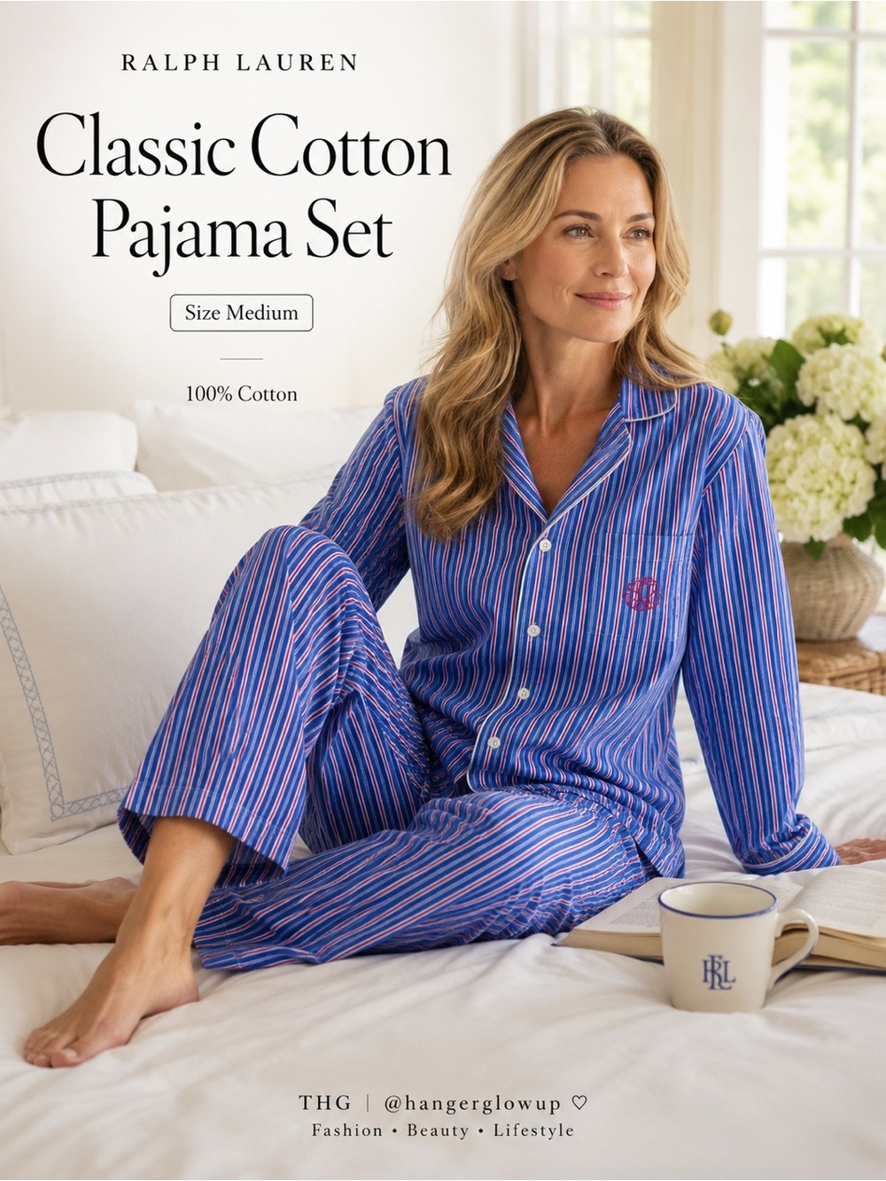Ralph Lauren Blue Pink Stripe Pajama Set | Medium
